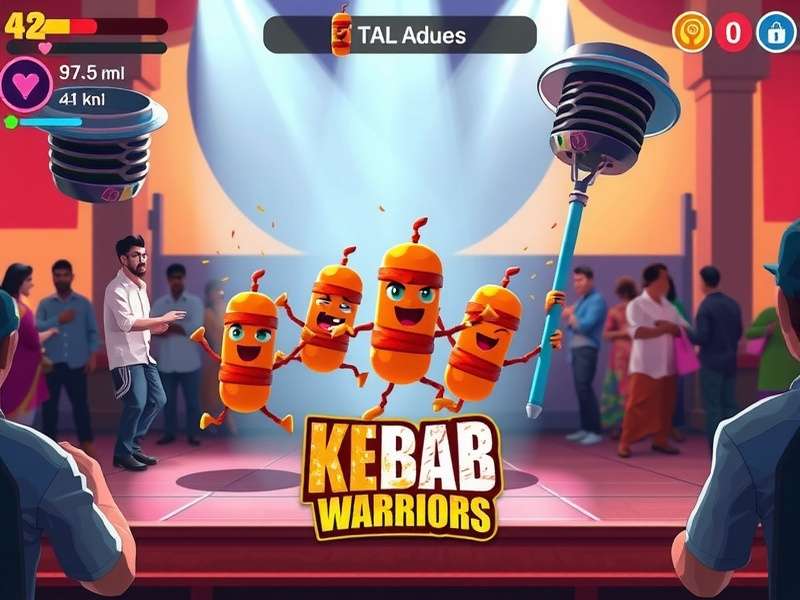 Kebab Warriors gameplay screenshot showing animated kebabs battling in a colorful Indian market